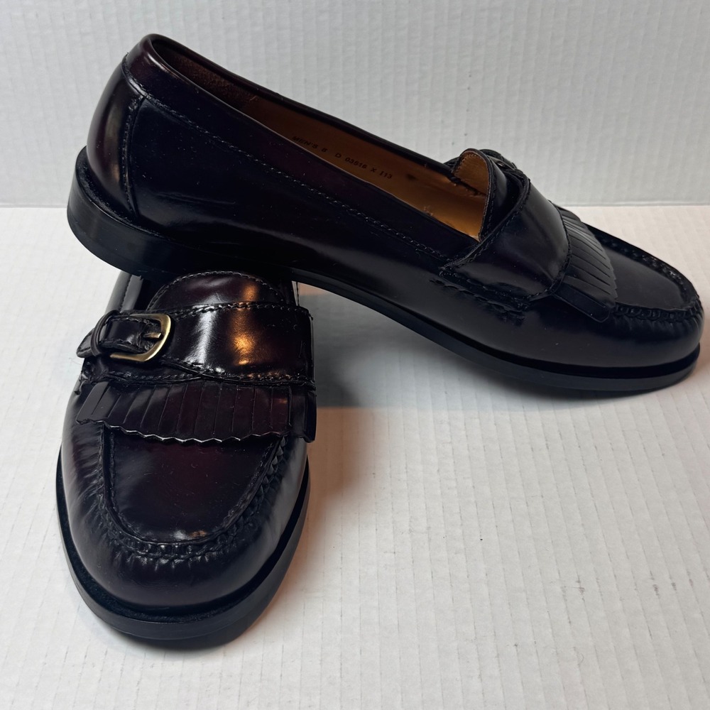 Cole Haan Kiltie Loafers Men 8 Burgundy Leather Fringe Pinch Buckle Preppy